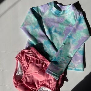 Kids Swim Set TieDye and Pink Swim Diaper Speedo and long sleeve shirt. Toddler